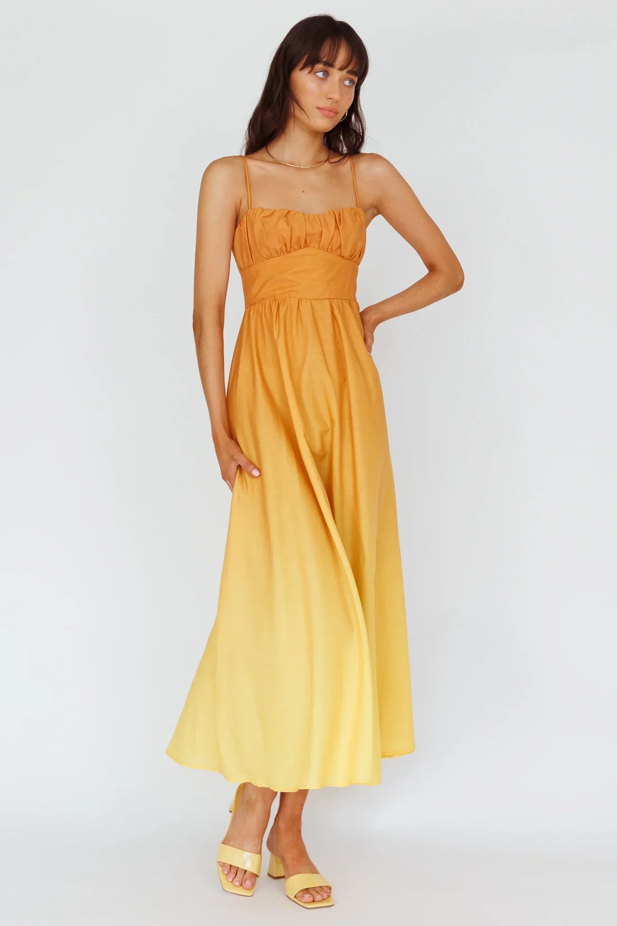 Clarabelle Gathered Bust Midi Dress Gradient Orange