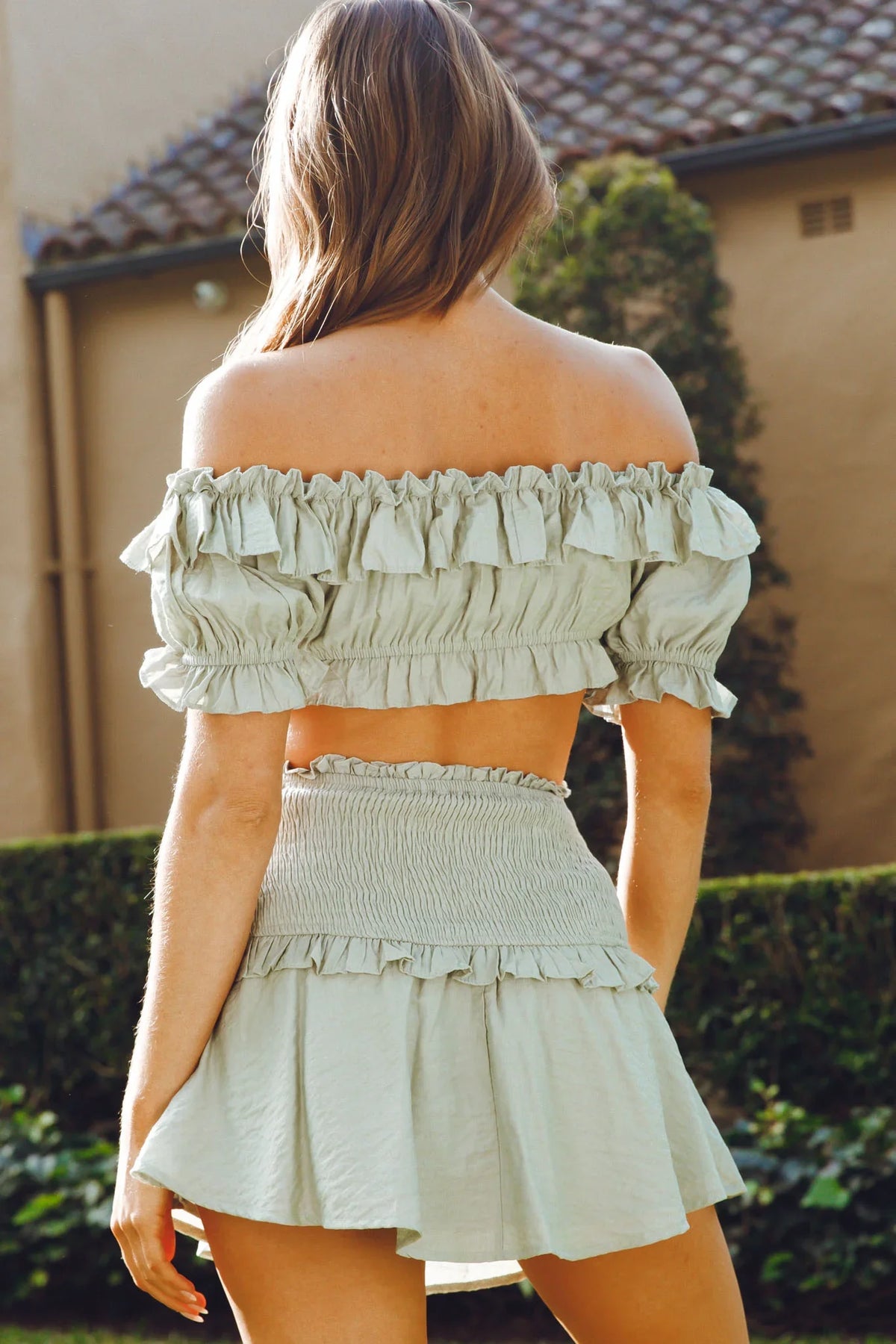 River Shirred Waist Frill Mini Skirt Avocado