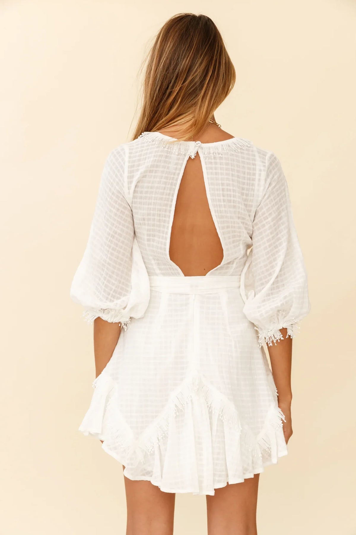 Flyin' Solo Fringe Trim Waist Tie Dress White