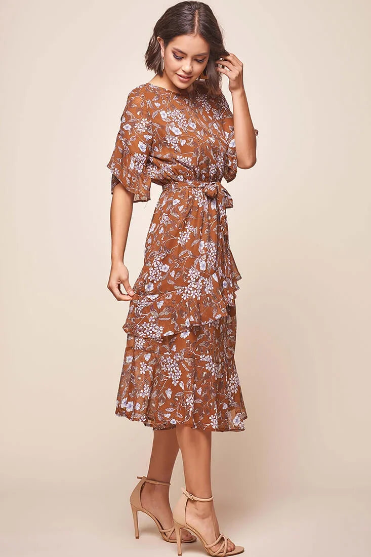 Jackson Waist Tie Ruffle Dress Rust Print