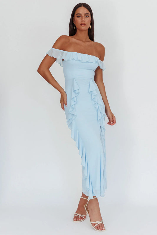 Flamenco Off-Shoulder Ruffle Maxi Dress Blue
