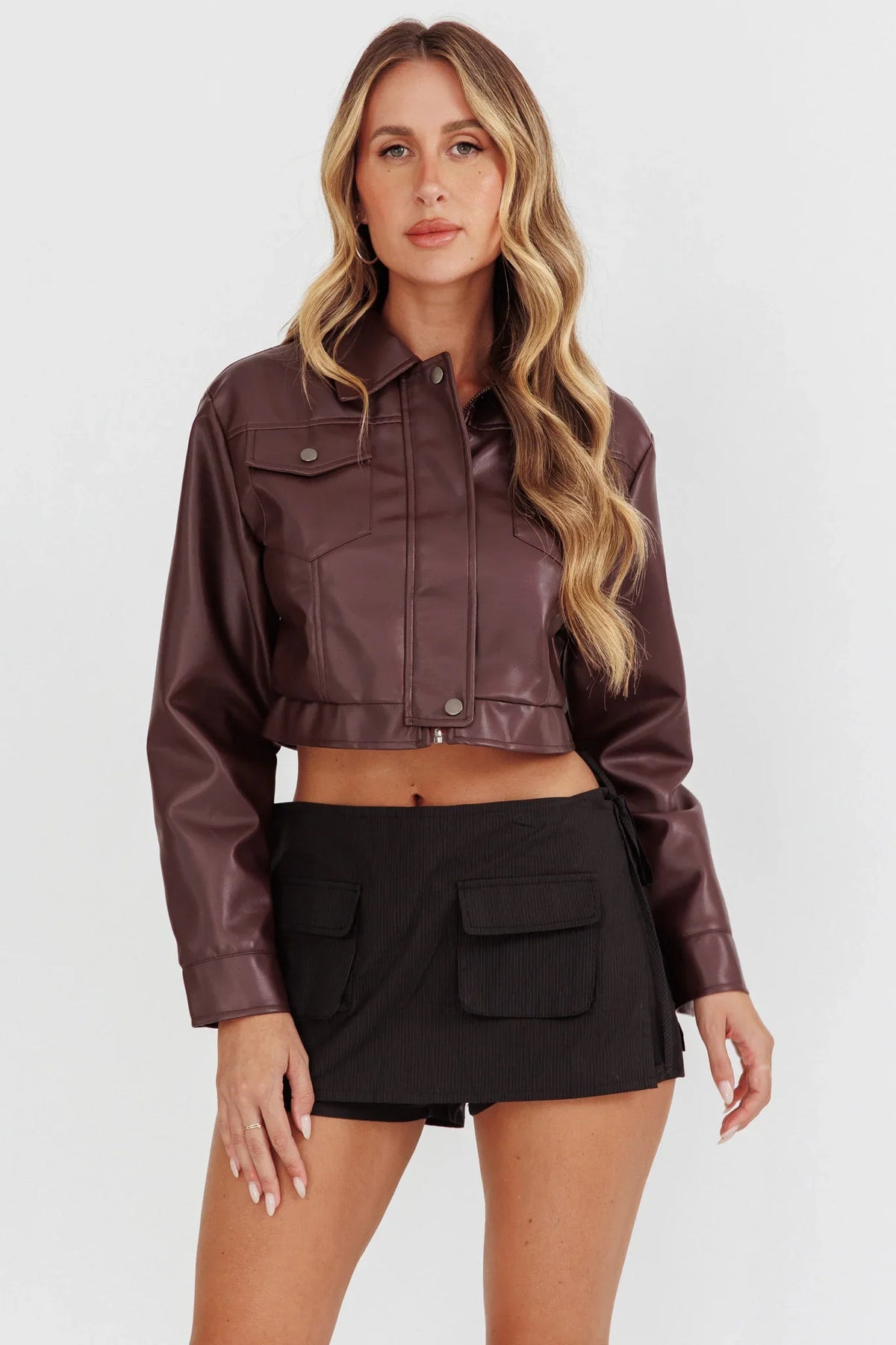 Navigator Snap Button Faux Leather Jacket Brown
