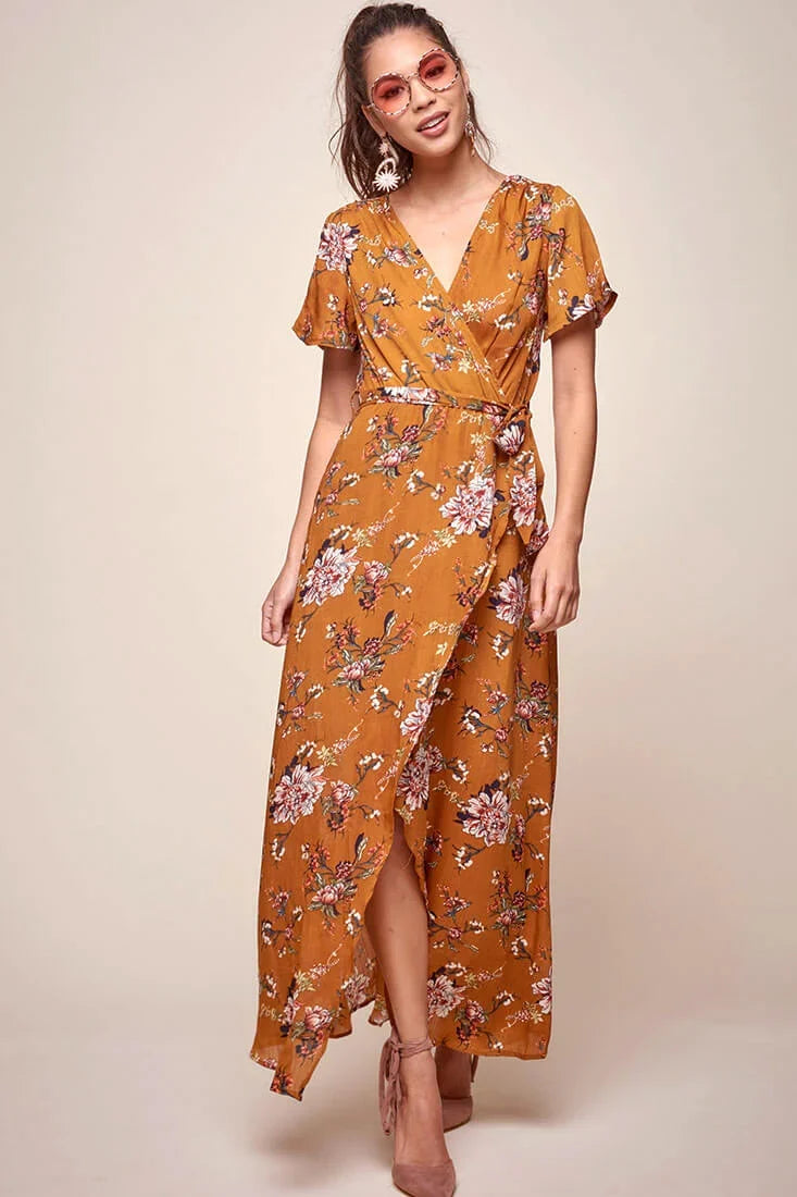 Cheri Floral Wrap Maxi Dress Mustard