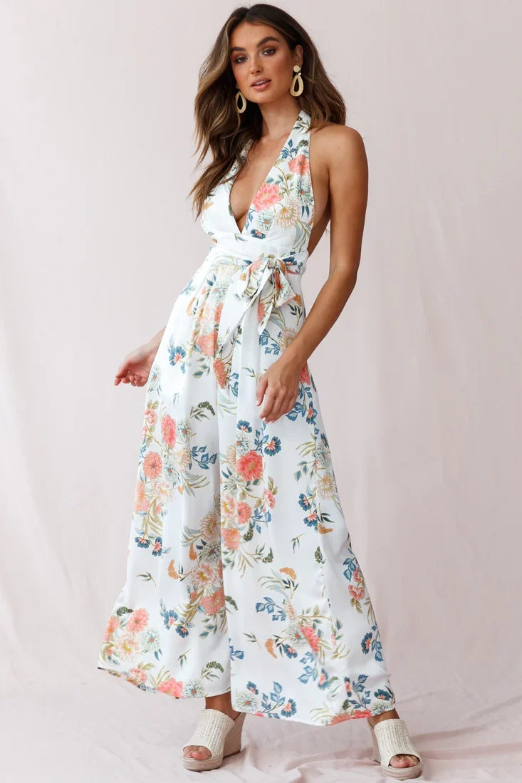 Make Me Halterneck Low Back Jumpsuit Floral Print White