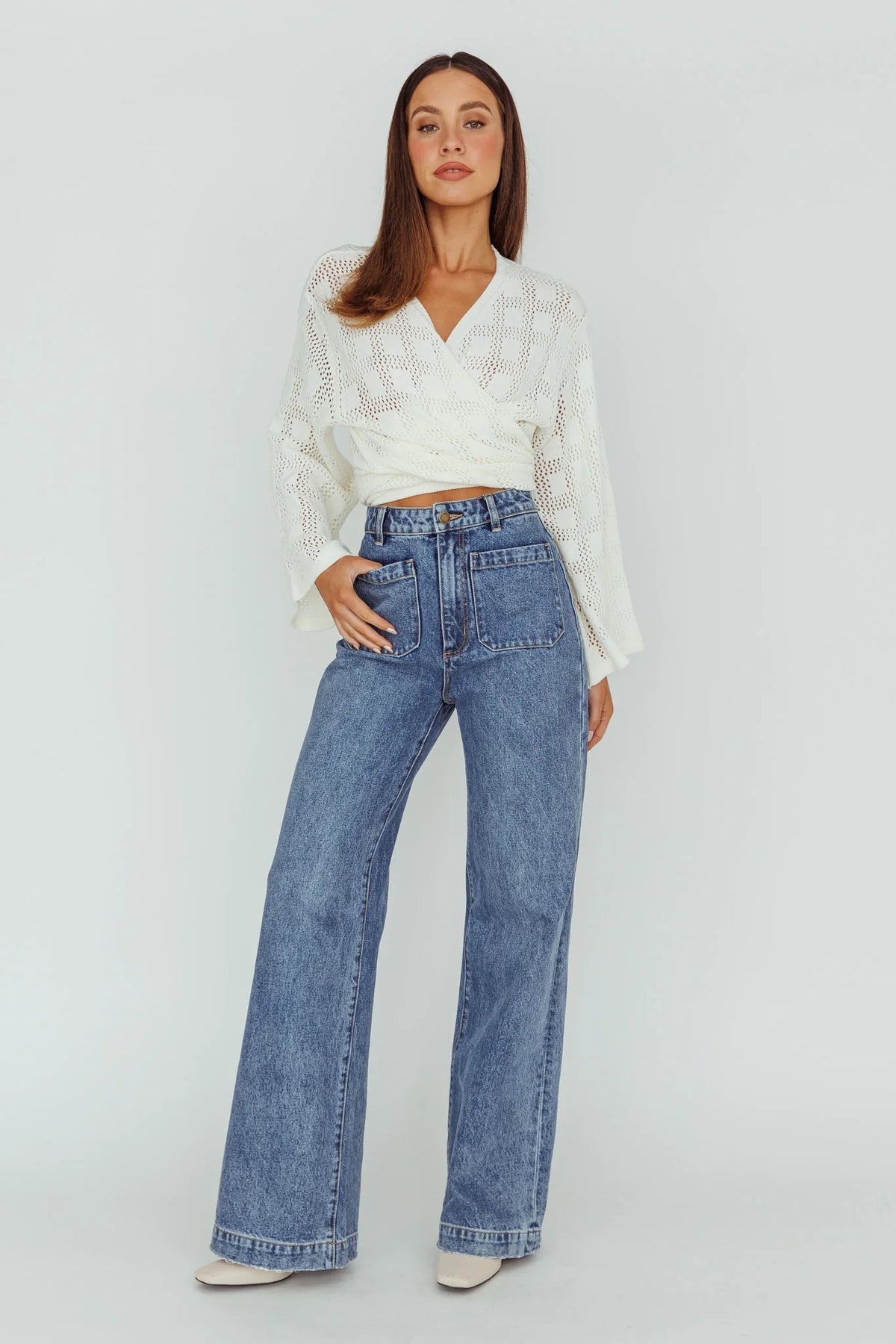 Rivera Deep-V Waist-Tie Top Crochet White