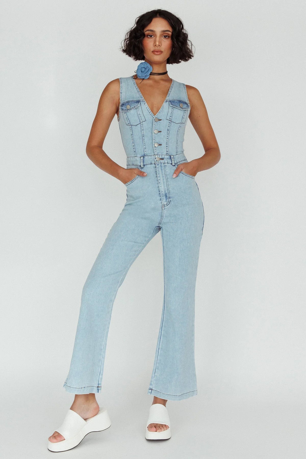Jazelle Button Front Jumpsuit Washed Blue