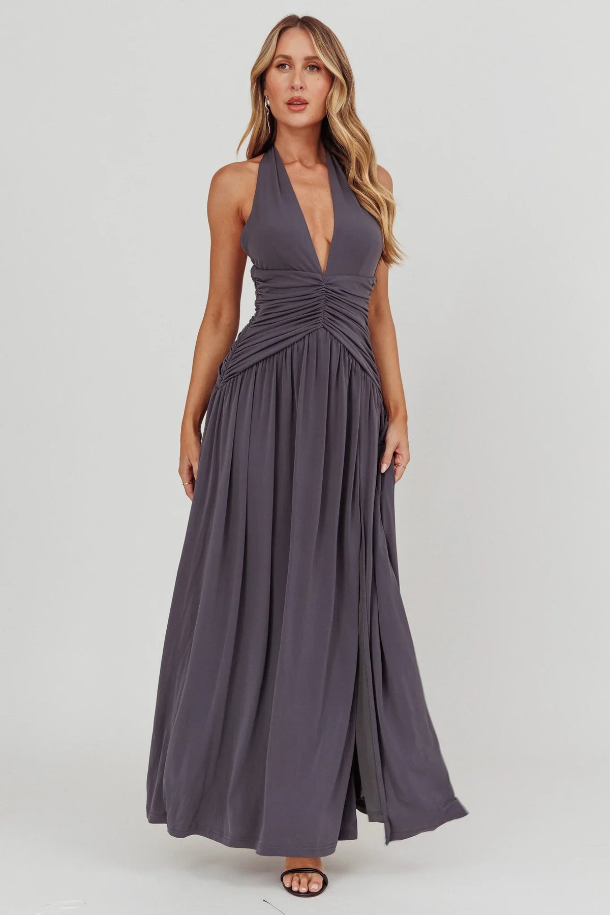 Italia Azure Gathered Waist Maxi Dress Charcoal