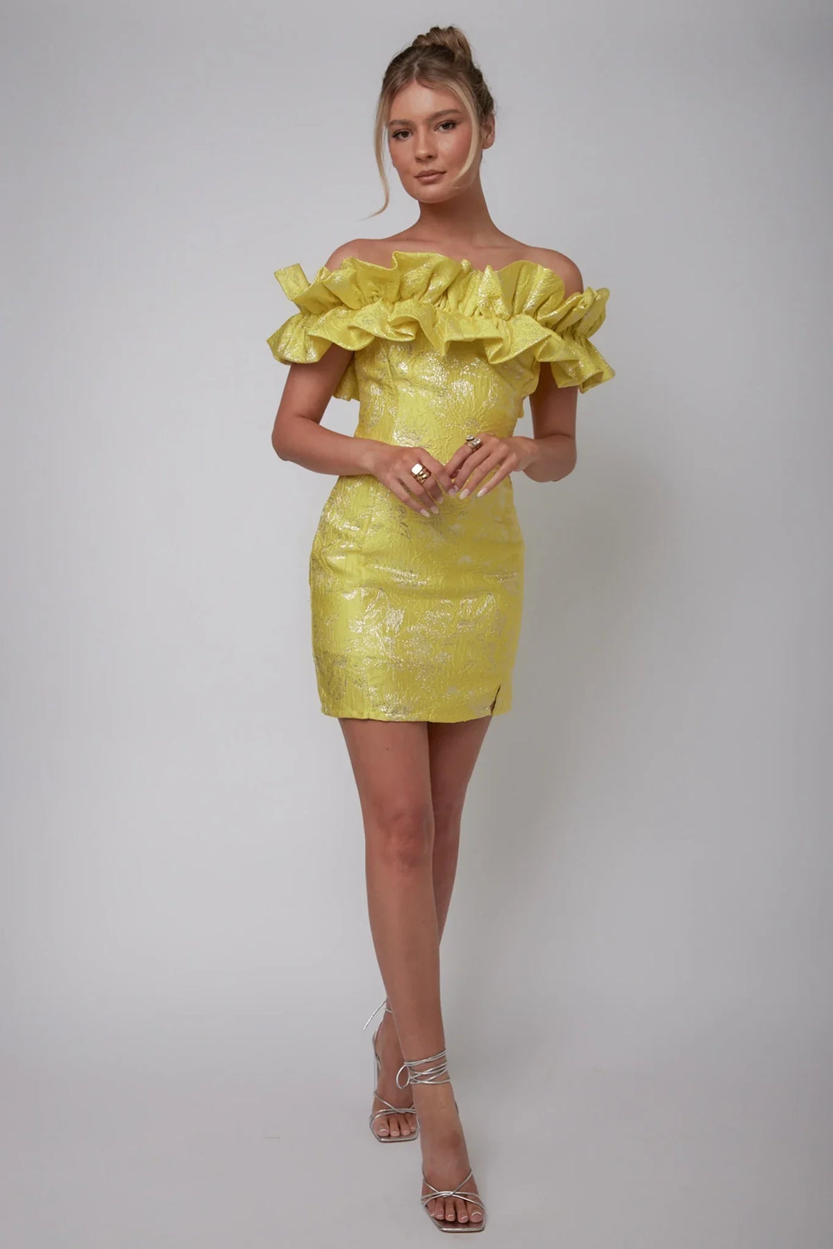 Memoire Off-Shoulder Jacquard Mini Dress Yellow