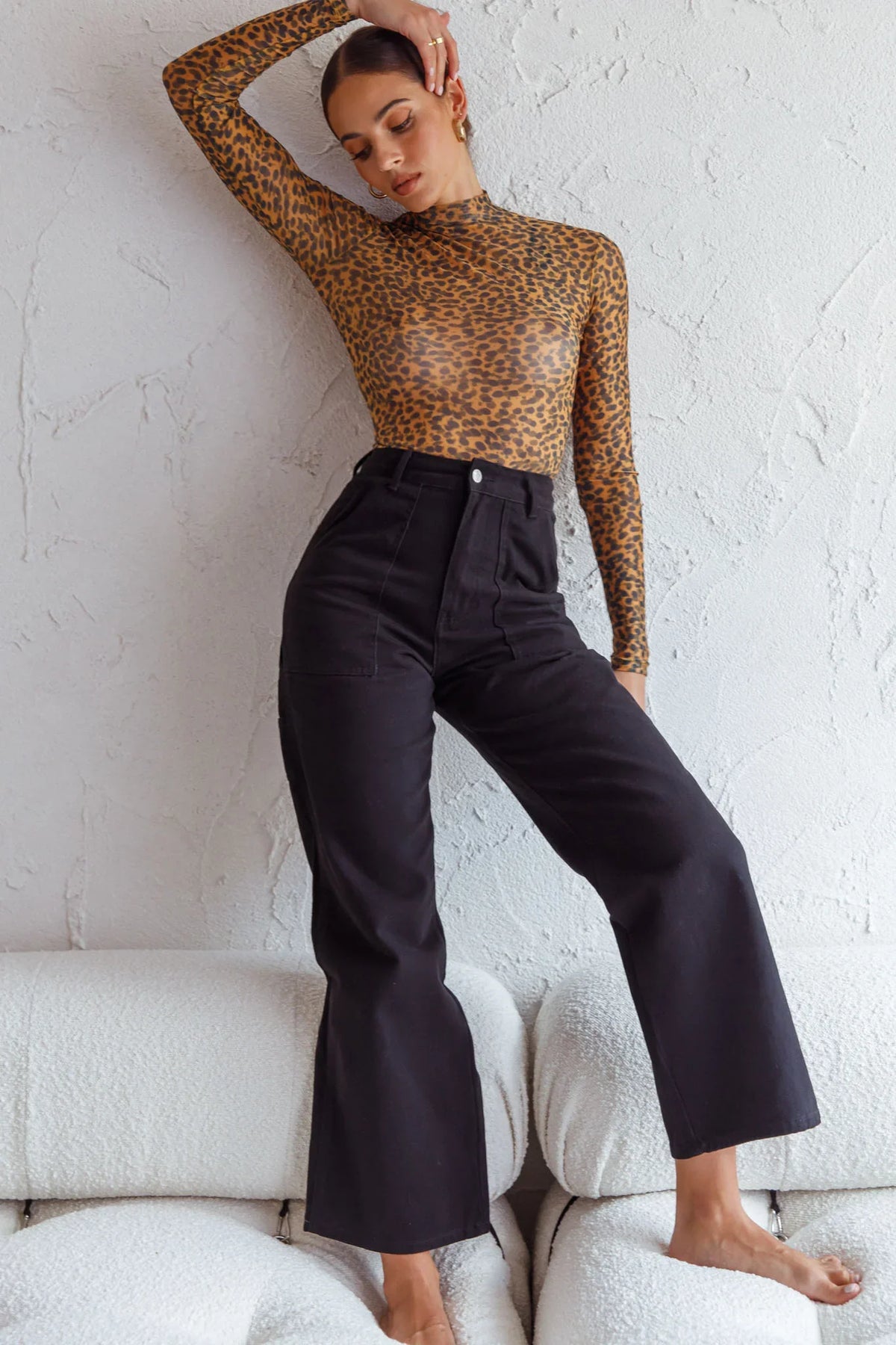Feelin' It Long Sleeve Turtleneck Sheer Bodysuit Orange Leopard Print