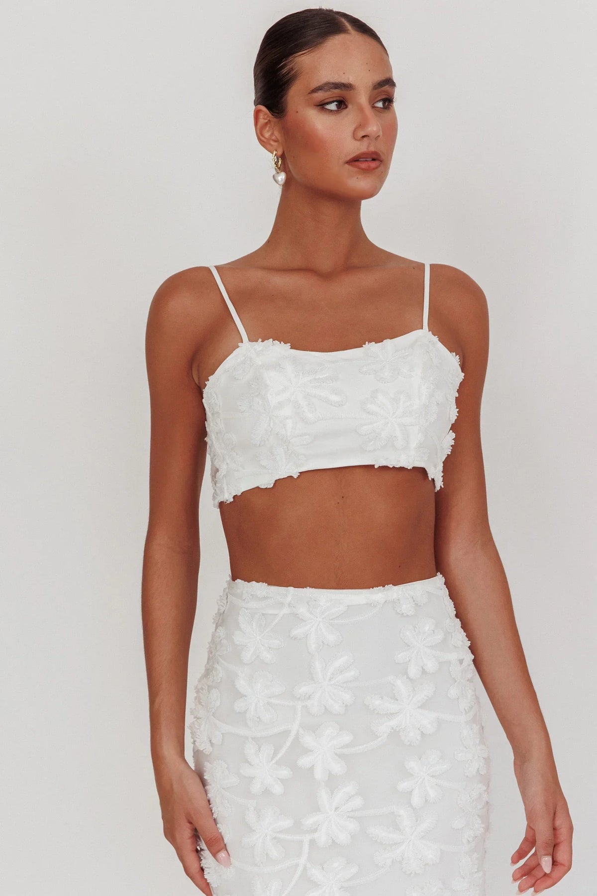 Casi Tied Back Crop Top Embroidered White