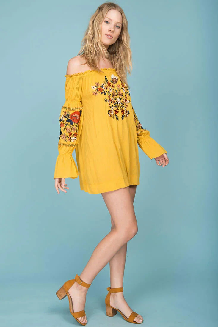 Saige Floral Day Dress Yellow Mustard