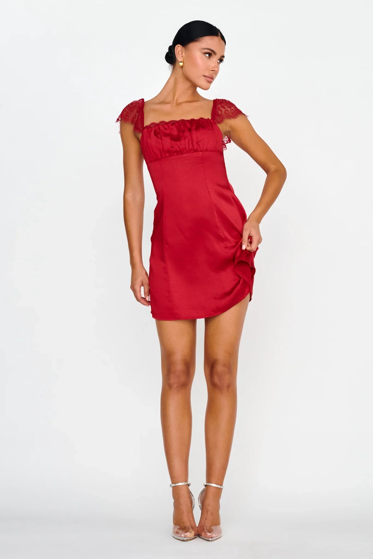 Invites Only Lace Shoulder Mini Dress Red