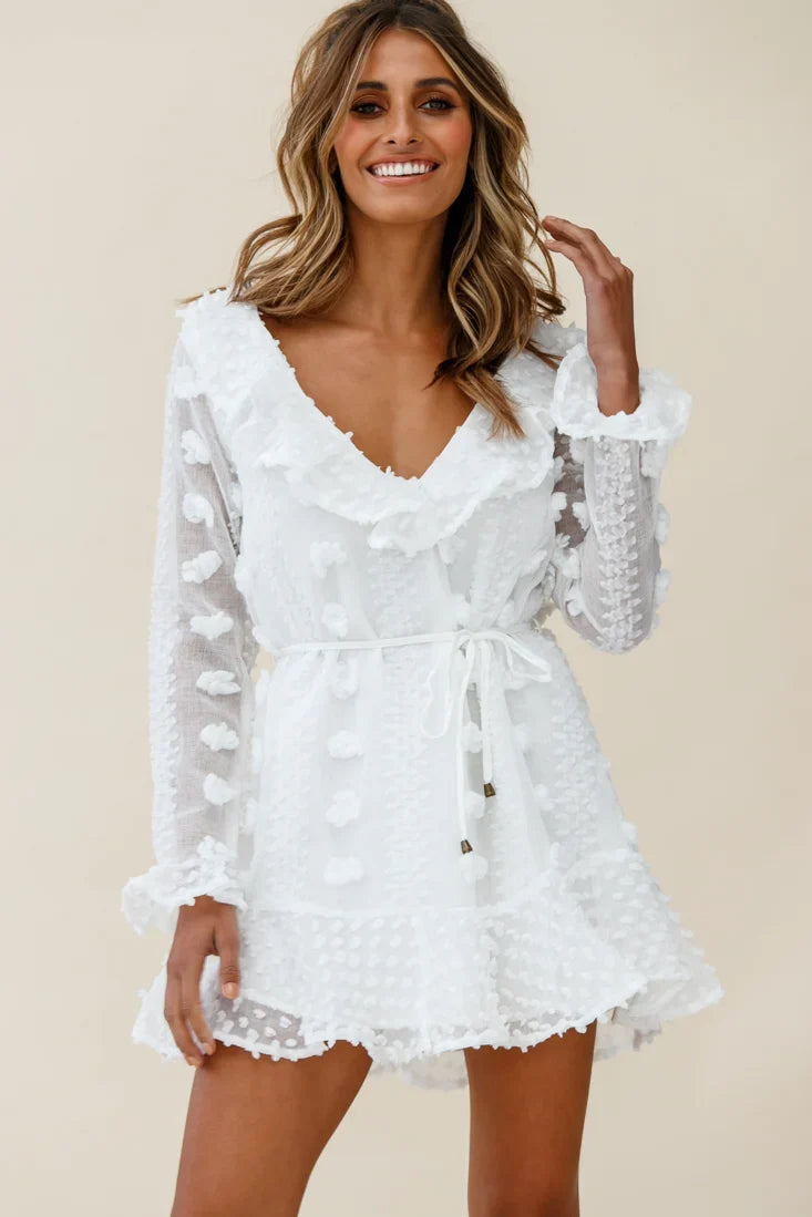 Georgie Long Sleeve Frill Neckline Embellished Chiffon Dress White