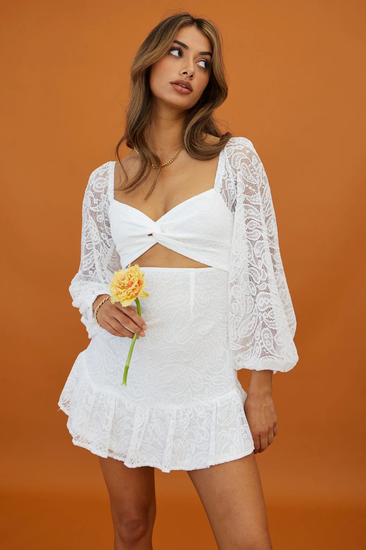 La La Land Twisted Bust & Back Paisley Lace Mini Dress White
