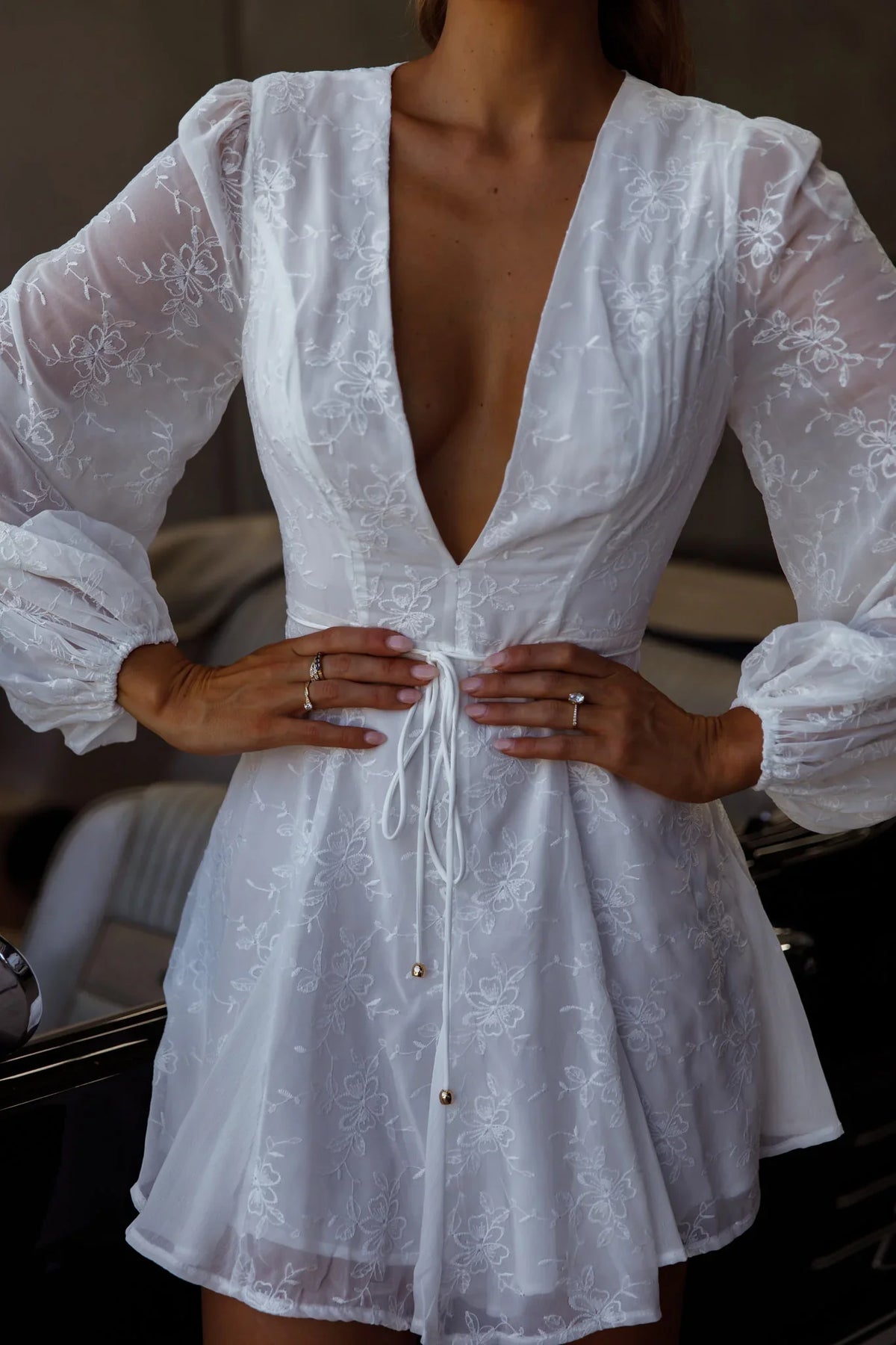 Estelle Long Sleeve V-Neckline Dress Embroidered White
