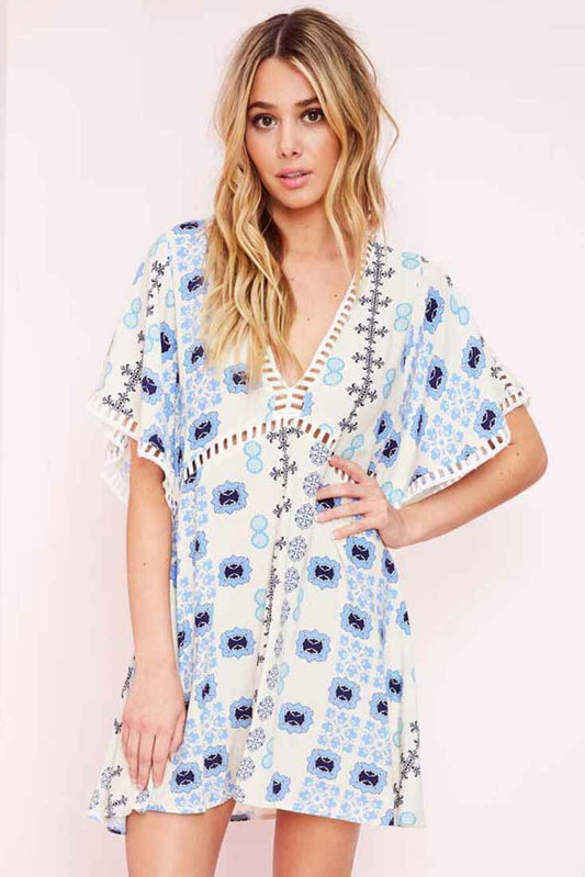 Yaritza Eyelit Mixed Print Dress Blue