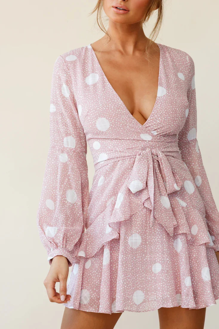 Kerry Layered Balloon Sleeve Dress Spot Print Pink