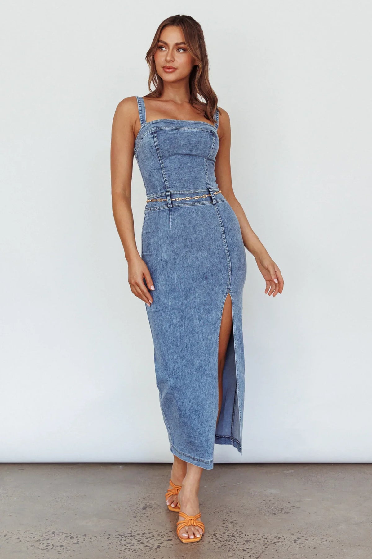 Onyx Thigh Split Midi Dress Denim