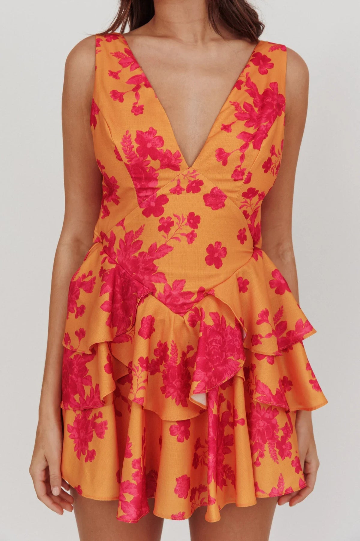 Like Me V-Neck Tied Back Floral Romper Orange