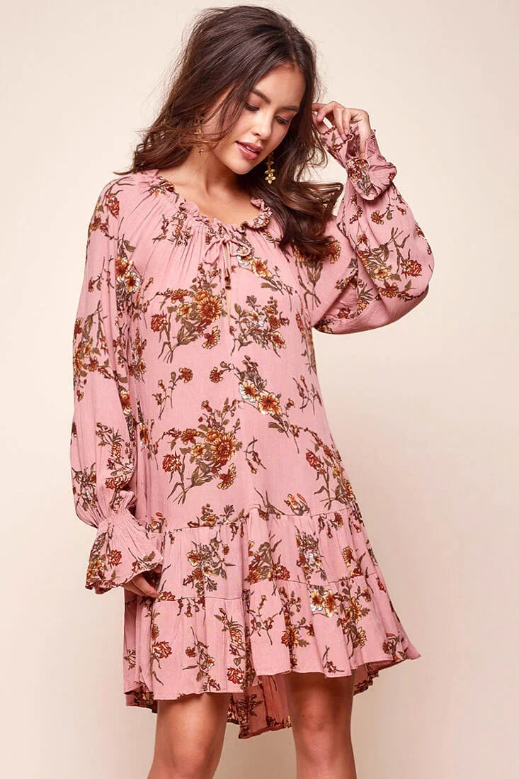 Joyce Floral Hippie Loose Fit Dress Rose