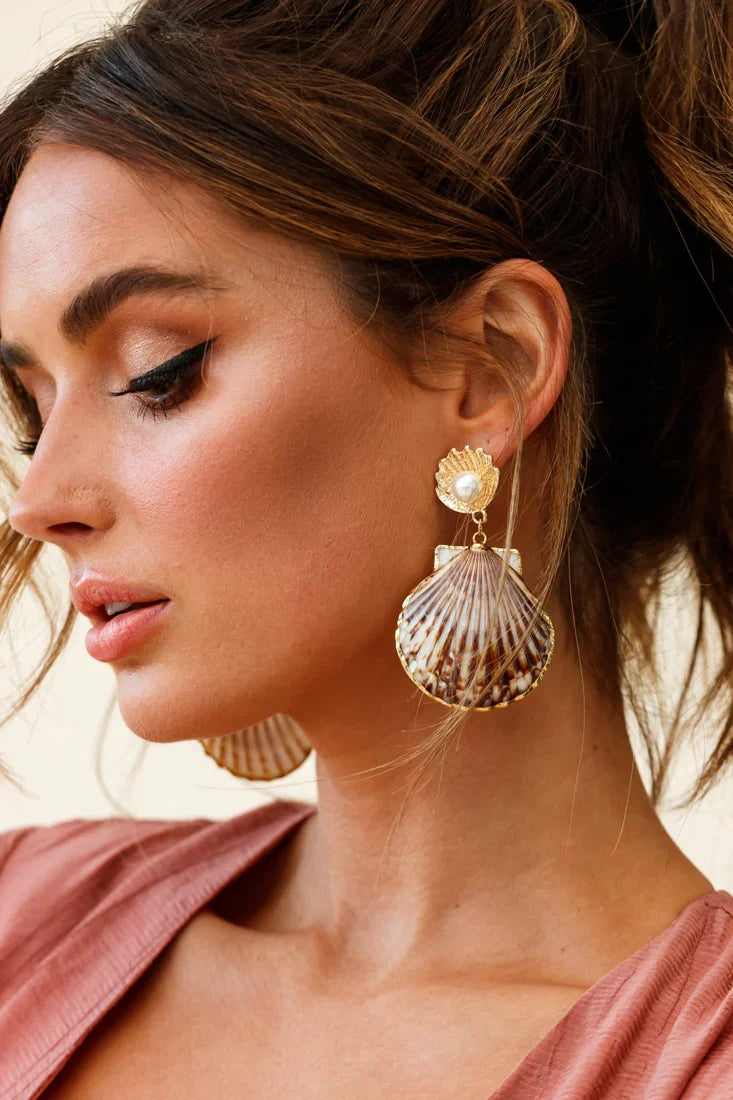 Bora Bora Pearl Accent Shell Earrings Tan