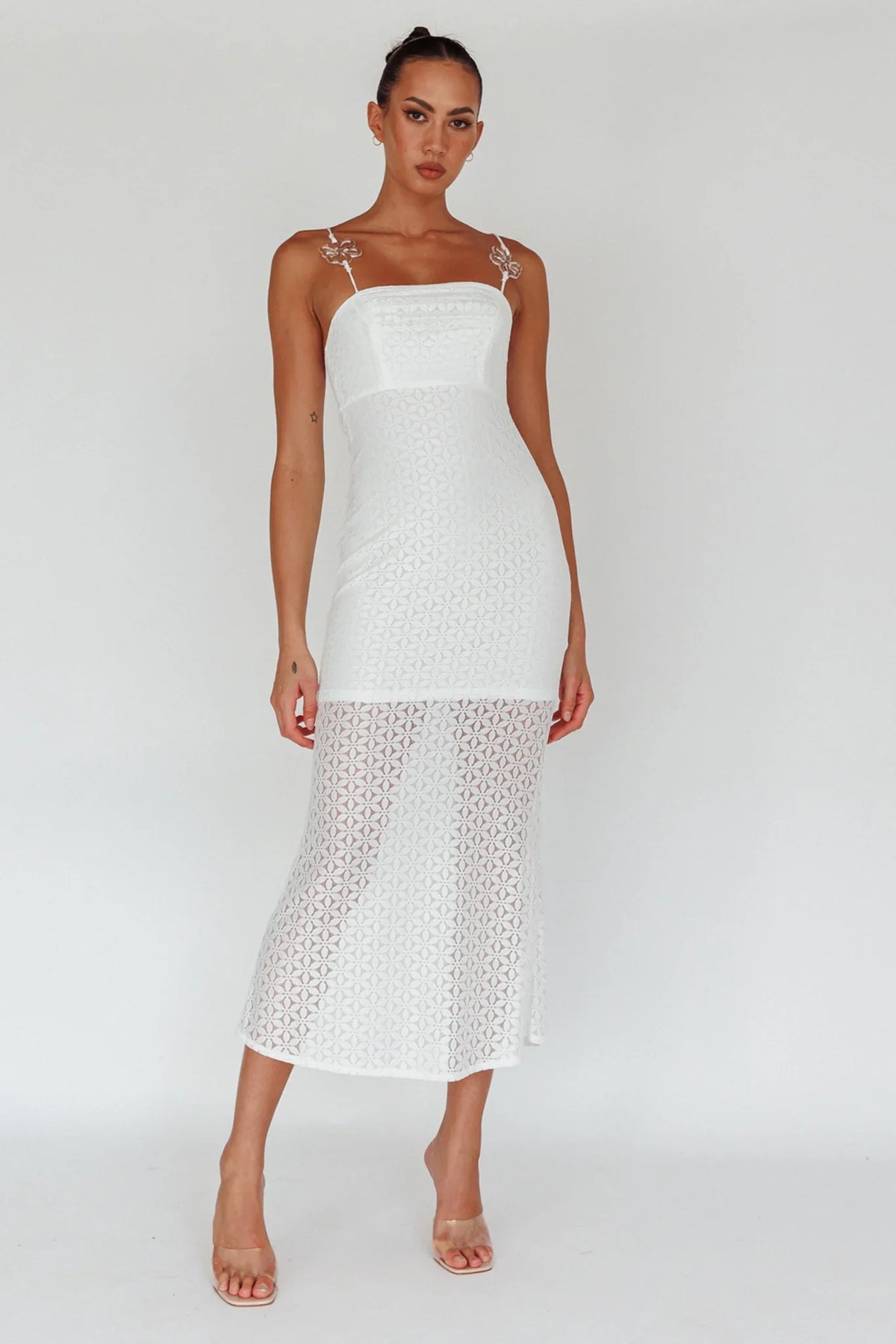 Lazy Daisy Flower Strap Midi Dress White