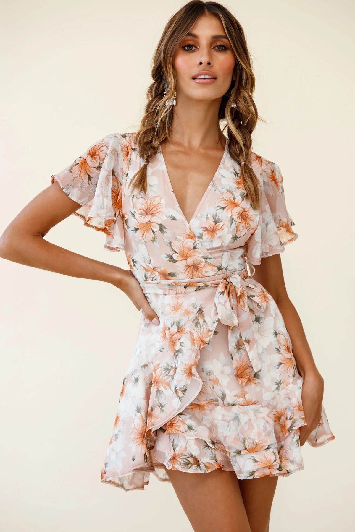 Cami Angel Sleeve Faux Wrap Dress Hibiscus Print Nude