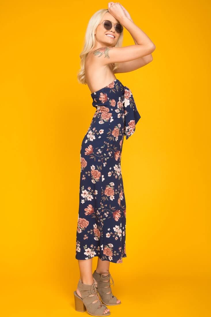Khloe Floral Summer Bow Tie Jumpsuit Navy