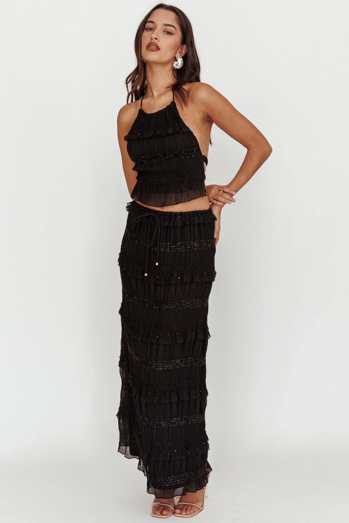 Helios Shirred Sequin Maxi Skirt Black