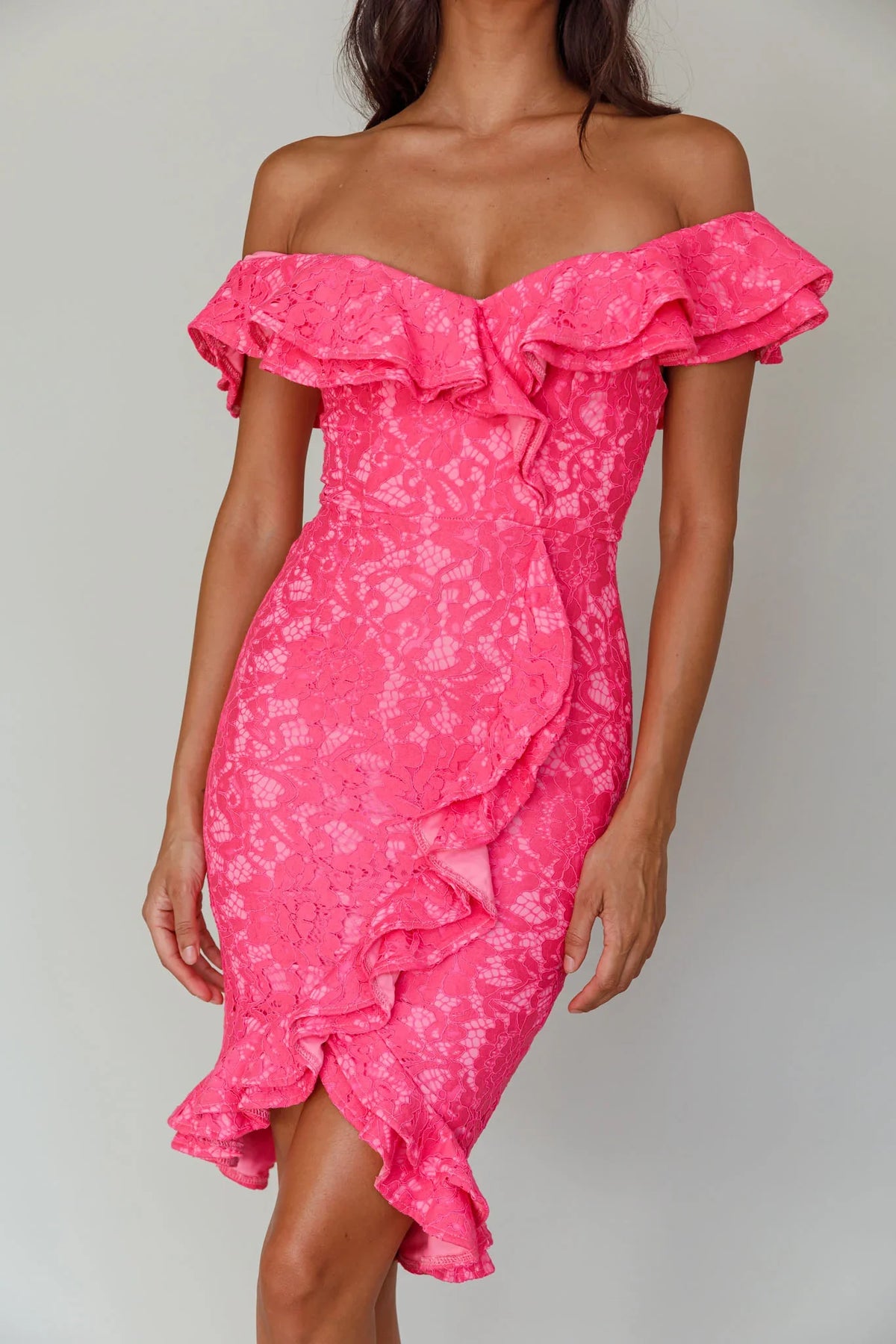Rossi Off-Shoulder Double Ruffle Lace Dress Hot Pink