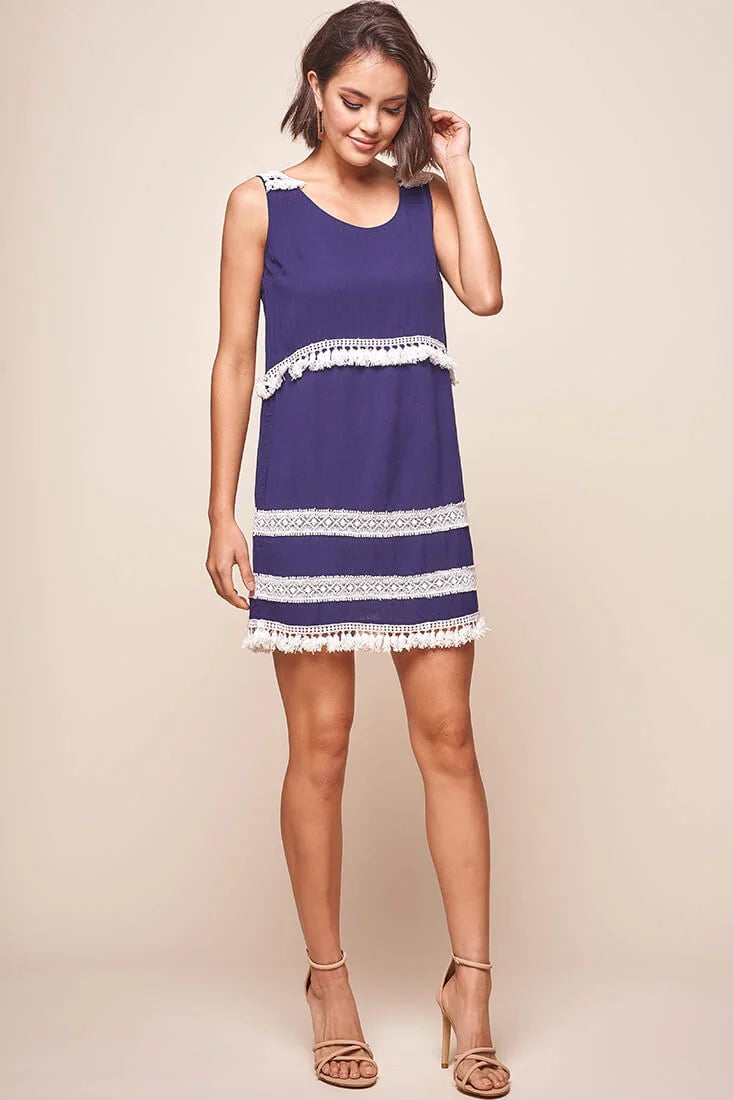 Leticia Sleeveless Frilly Trim Dress Navy