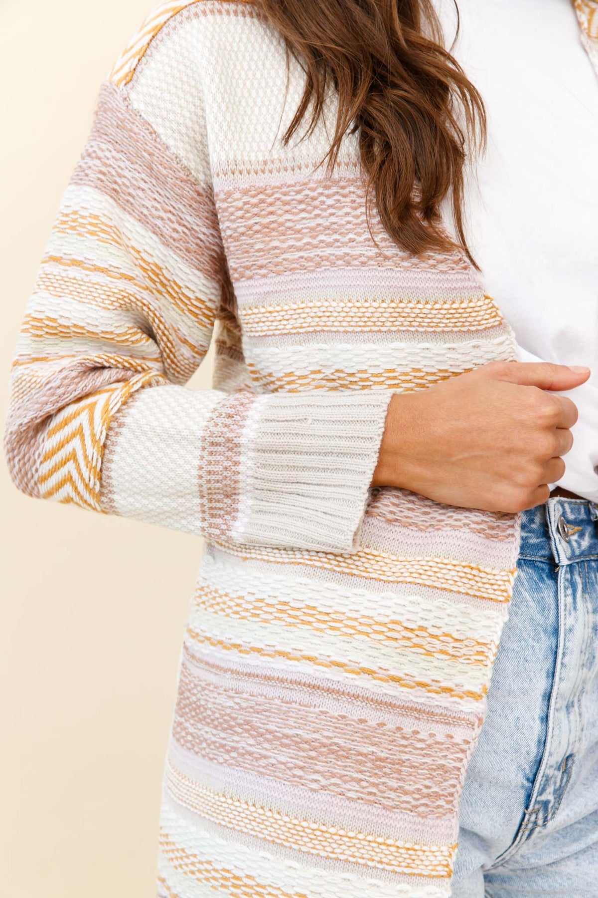 Sabine Long Line Textured Knit Cardigan Beige