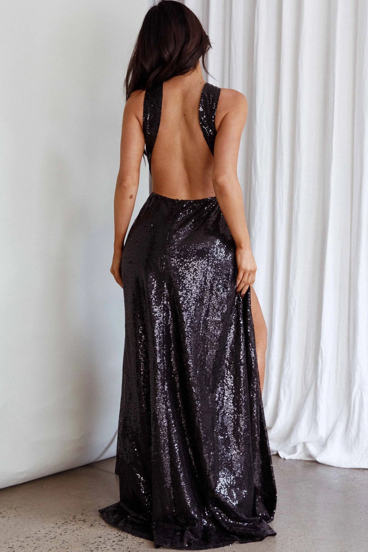 Kimba High Split Sequin Dress Black