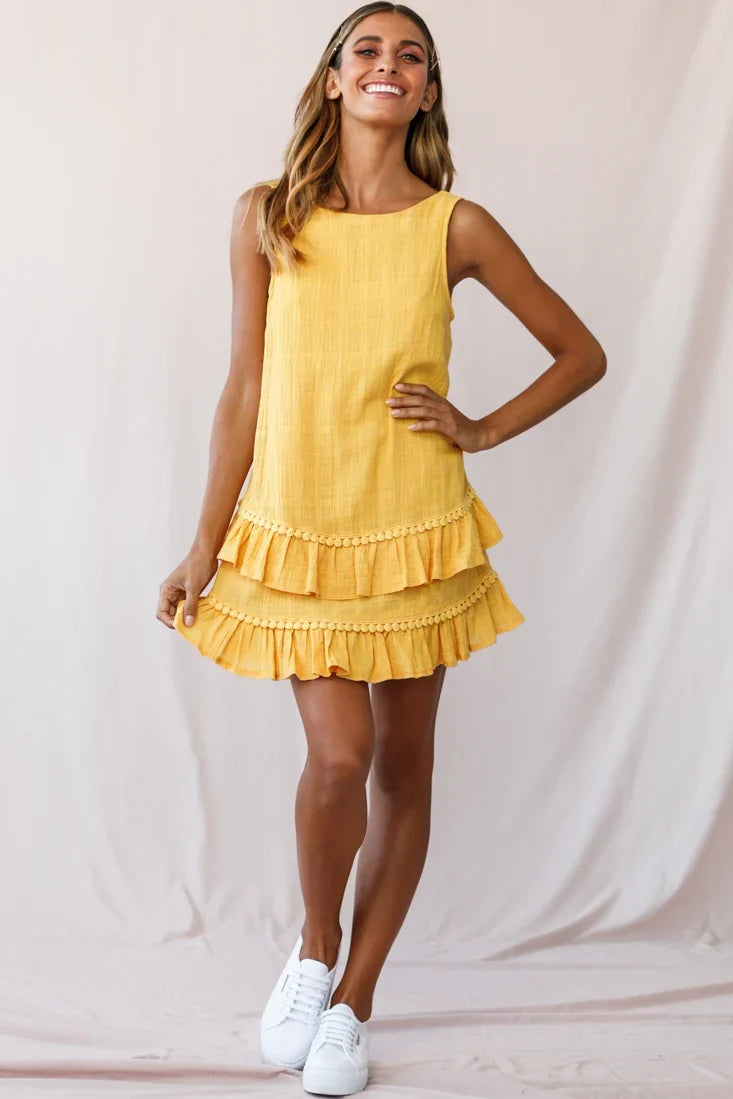 Candice Tiered Frill Hem Scooped Back Dress Yellow