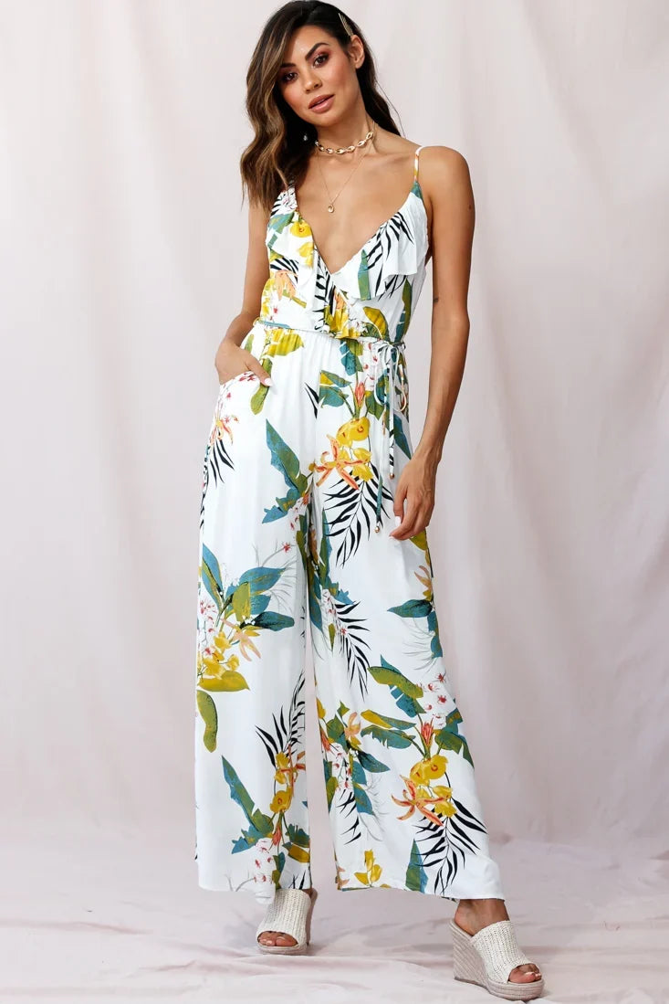 Melita Ruffle V-Neckline Jumpsuit Tropical Print White
