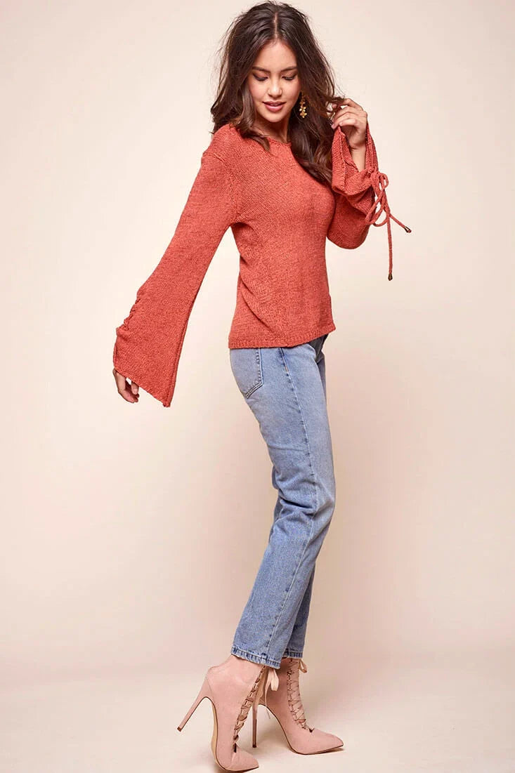 Cairo Knitted Long Tie Sleeved Top Rust