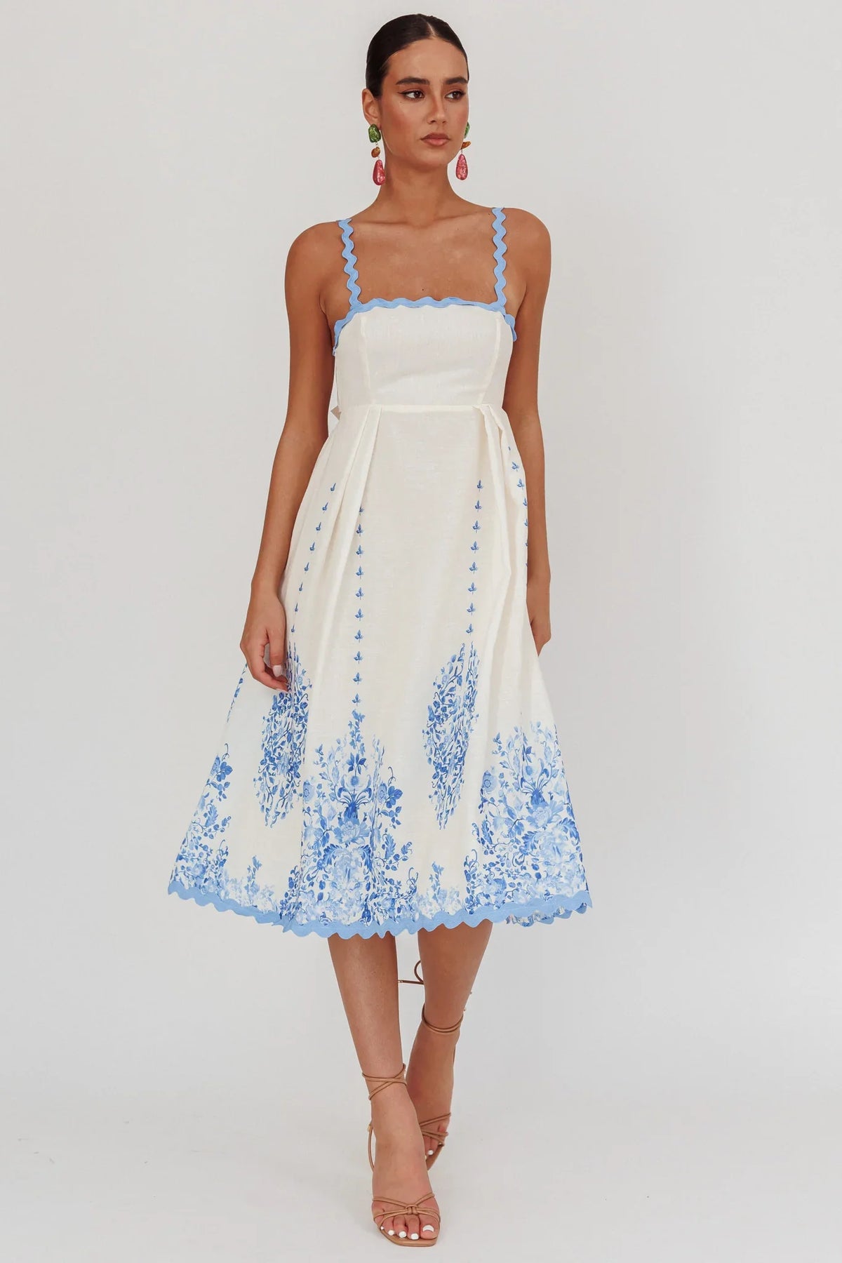 Asami Floral Print Ric Rac Trim Midi Dress Blue
