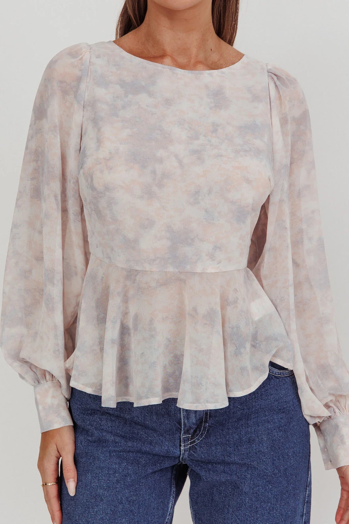 Helix Balloon Sleeves Peplum Top Dusty Blue/Peach
