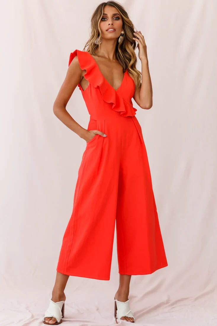 Cheryl Ruffle Strap Wide Leg Jumpsuit Tangerine