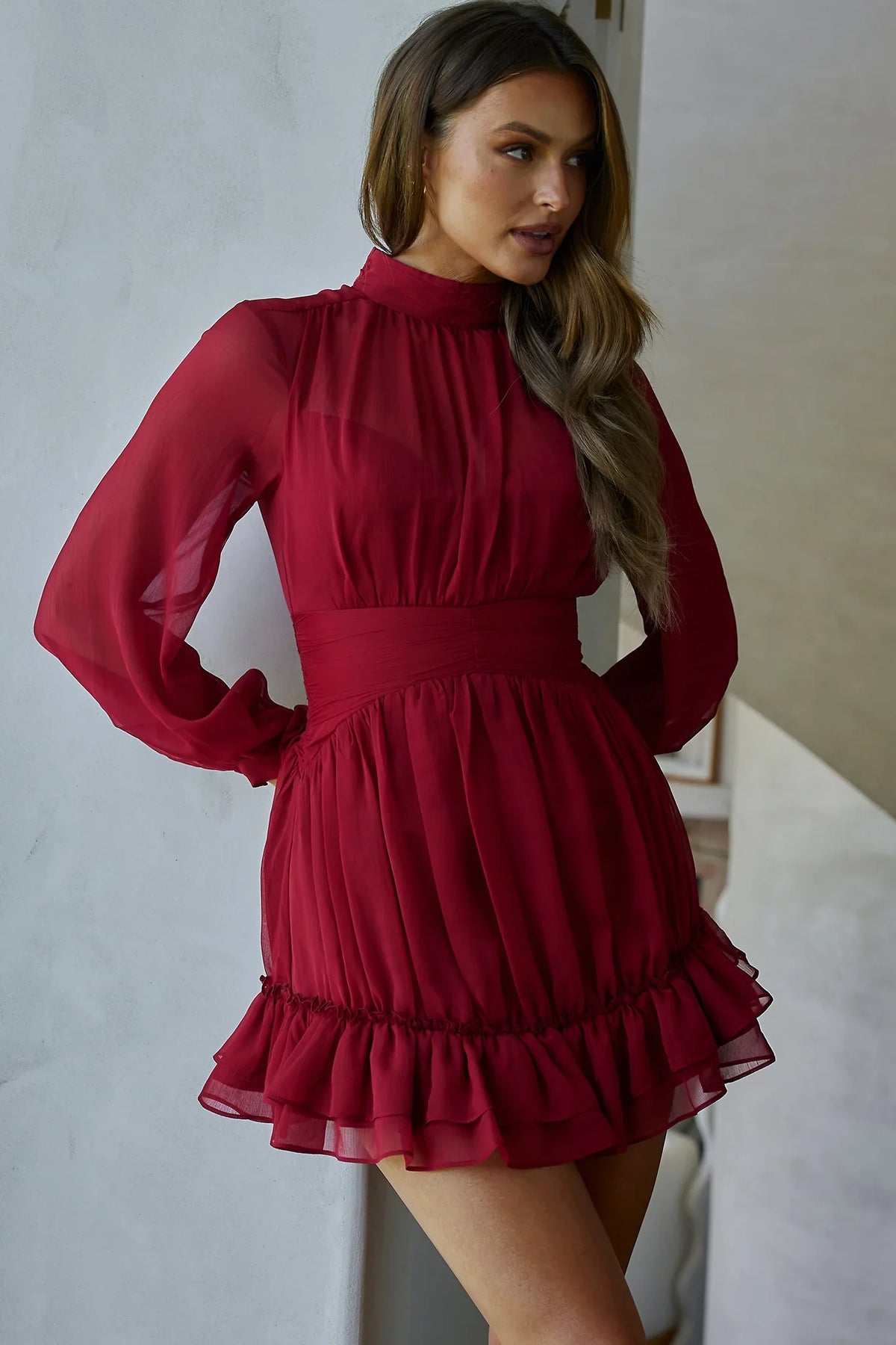 Mandalay High Neck Long Sleeve Waistband Dress Wine