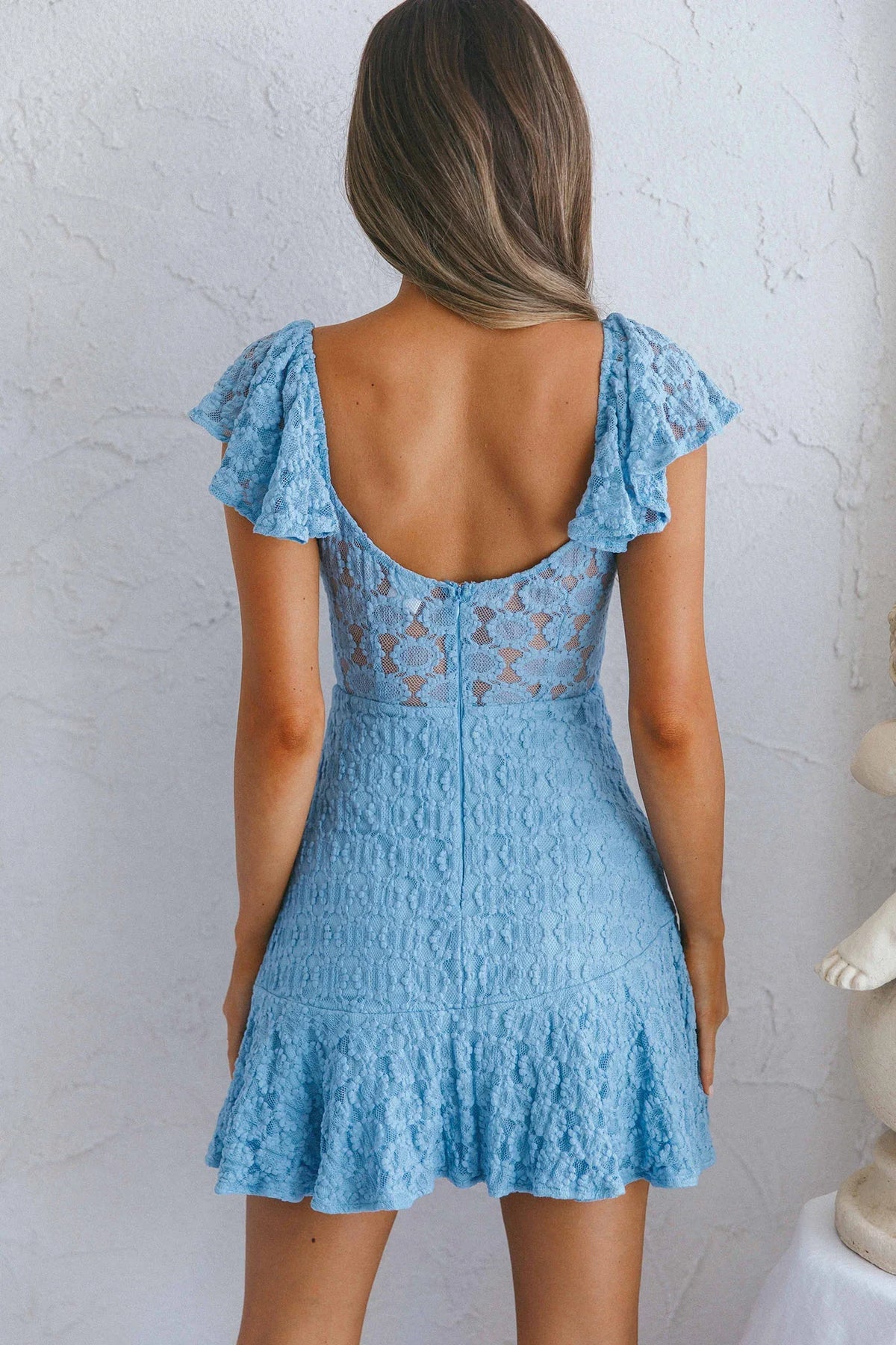 Secret Crush Flutter Sleeve Floral Lace Ruffle Hem Dress Blue