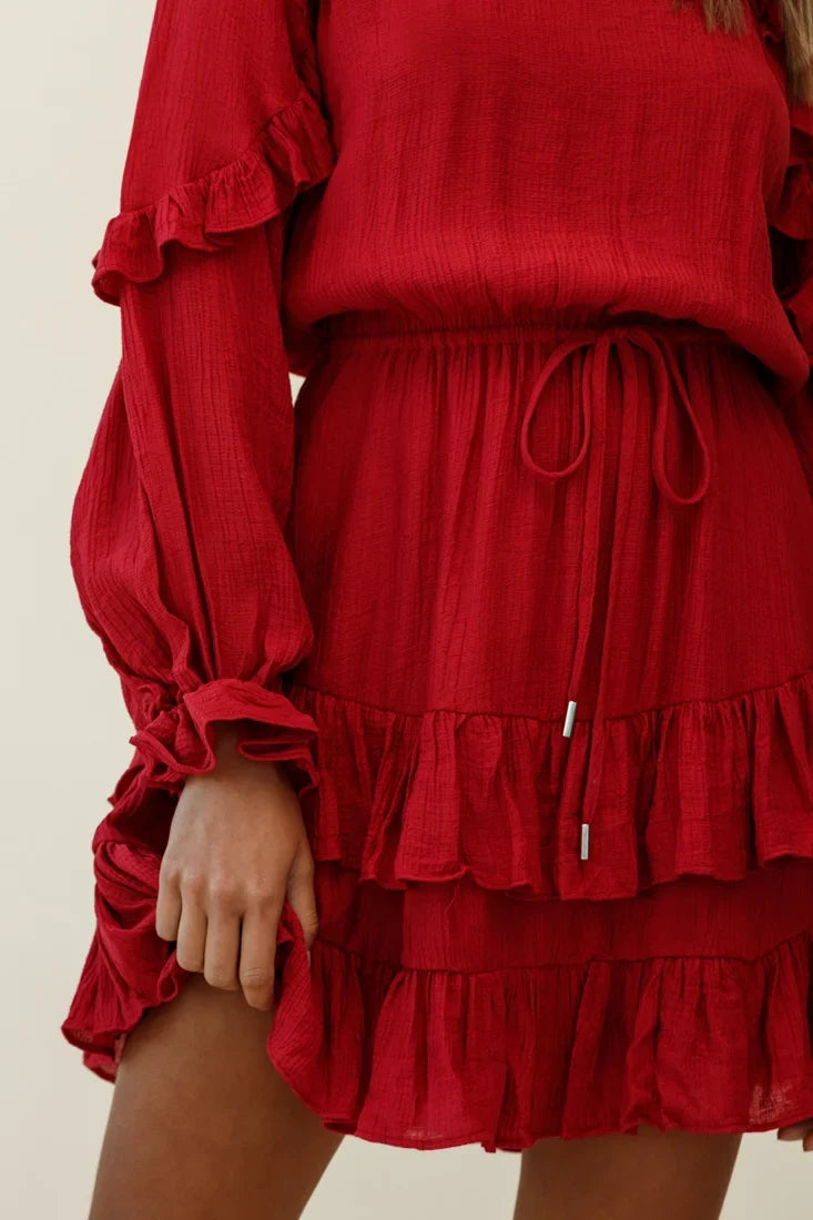 Best Wishes Long Sleeve Frill Detail Dress Wine