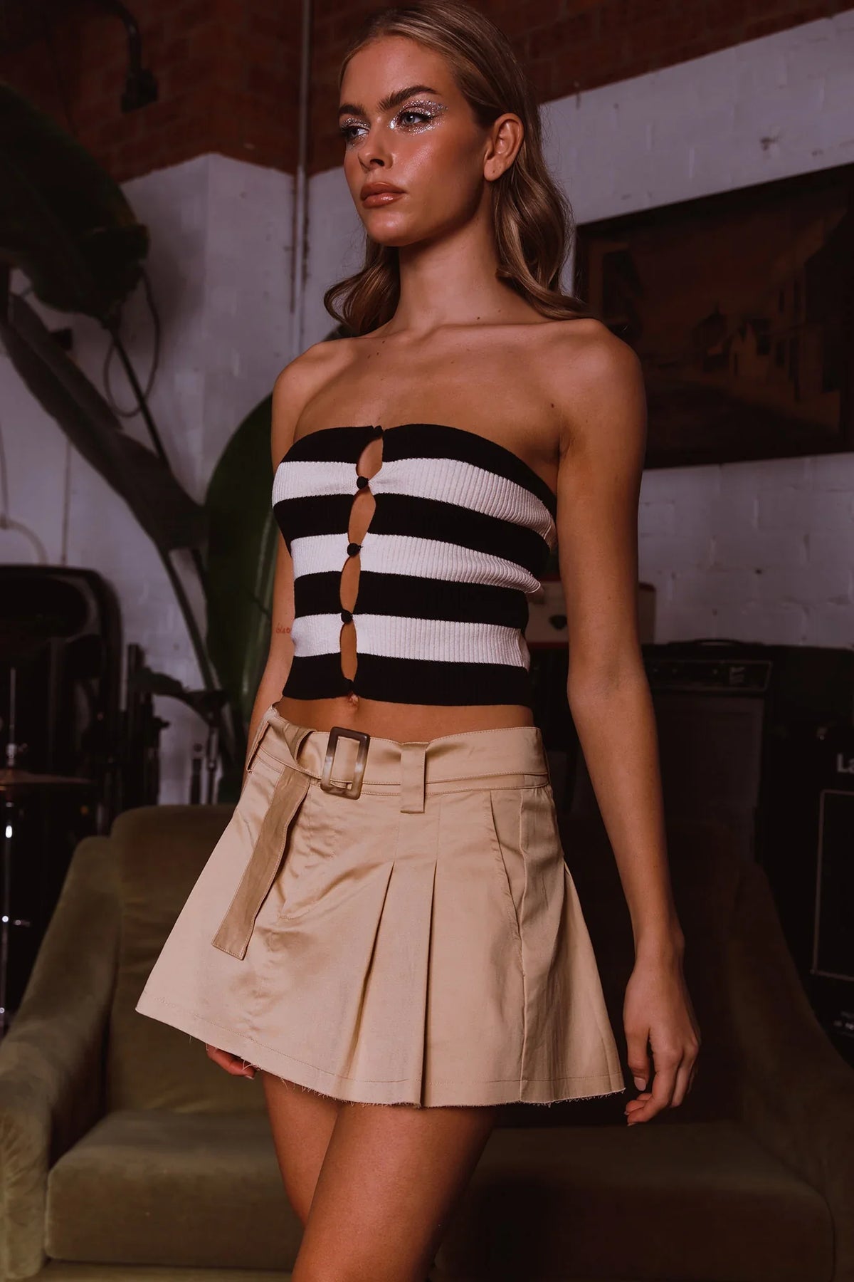 Liza Low Rise Mini Skirt Tan