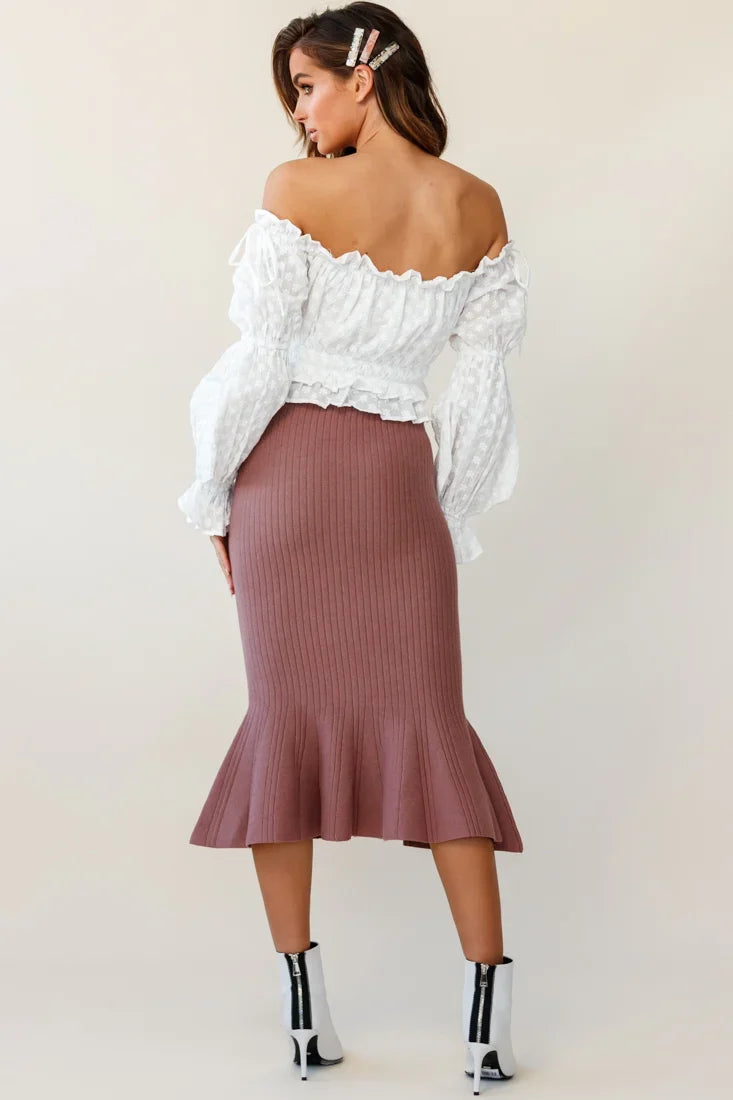 Shalon Ribbed Knit Fluted Hem Midi Skirt Antique Rose