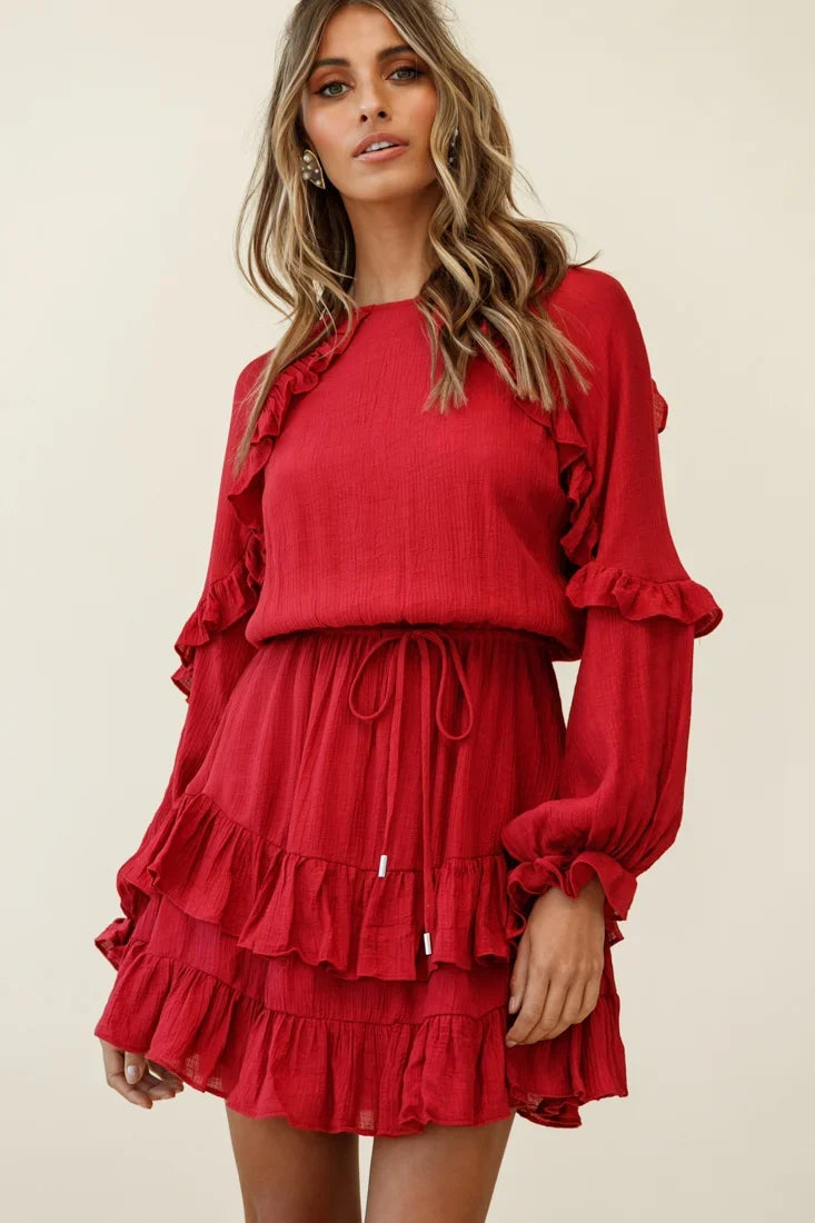 Best Wishes Long Sleeve Frill Detail Dress Wine