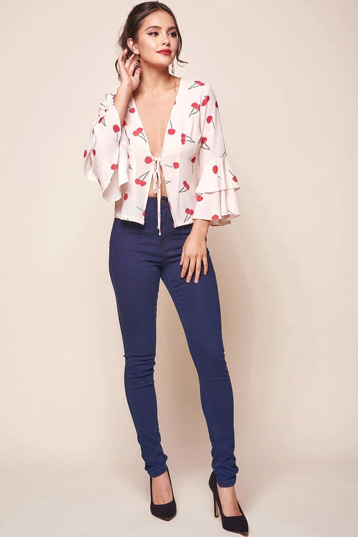 Robbi Bell Sleeved Cherry Top Beige