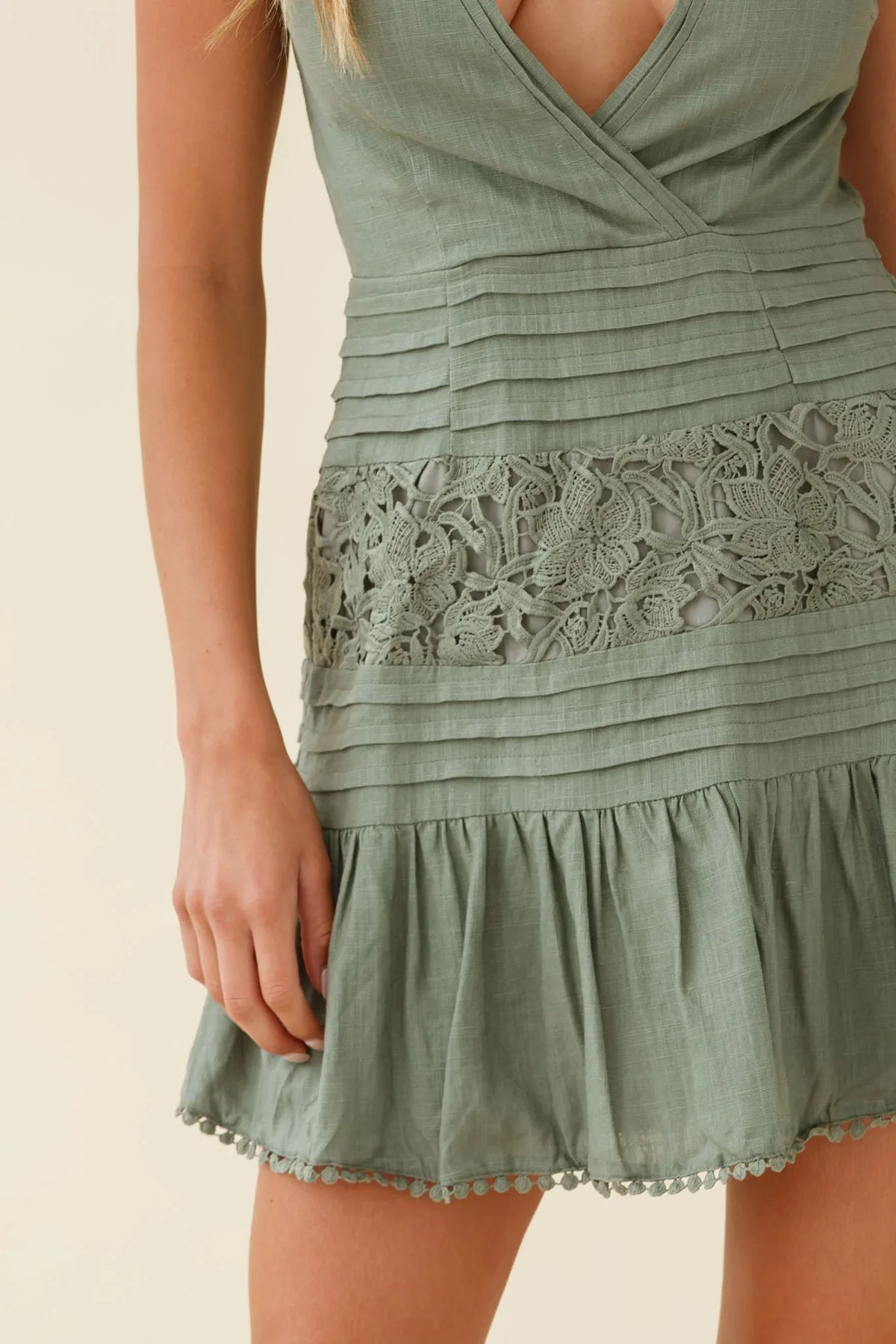 Storybook Cap Sleeve Pintuck Detail Dress Olive