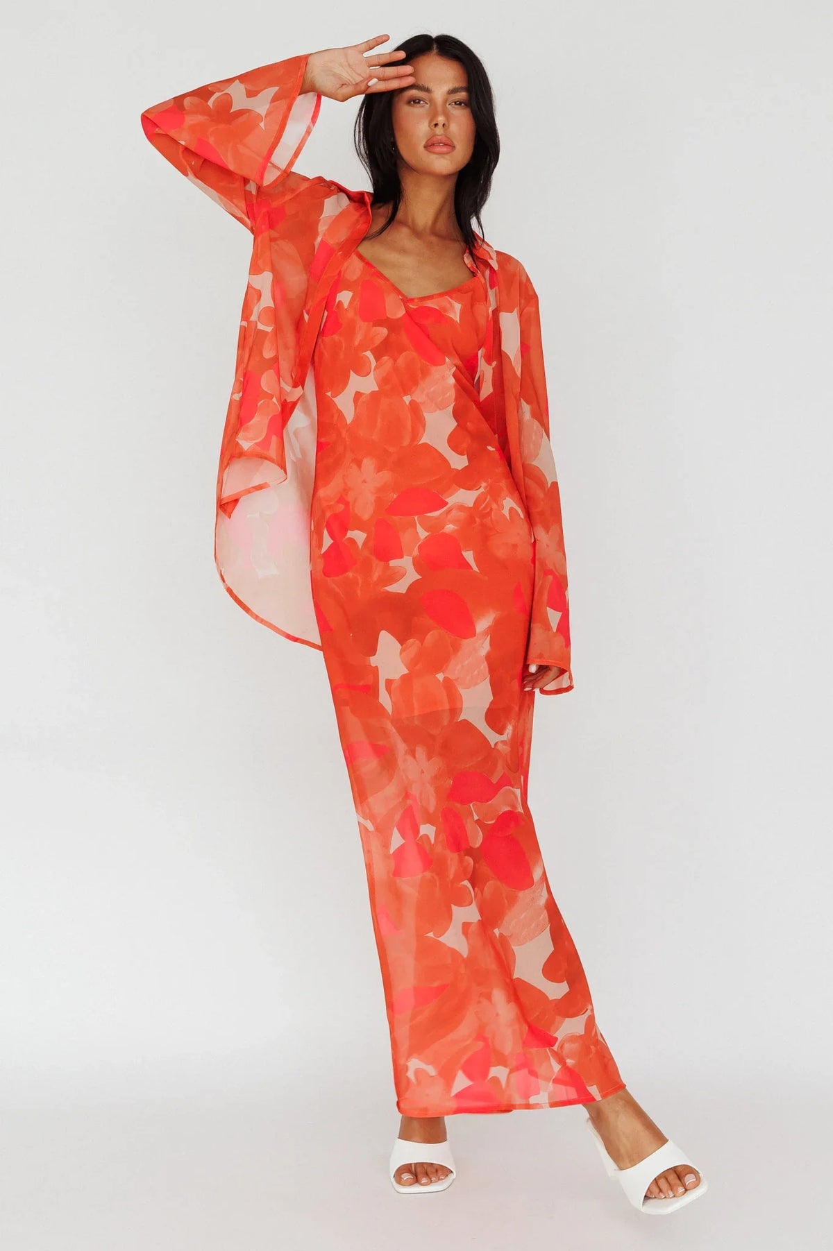 Stasi Flared Cuff Long Sleeve Shirt Floral Orange
