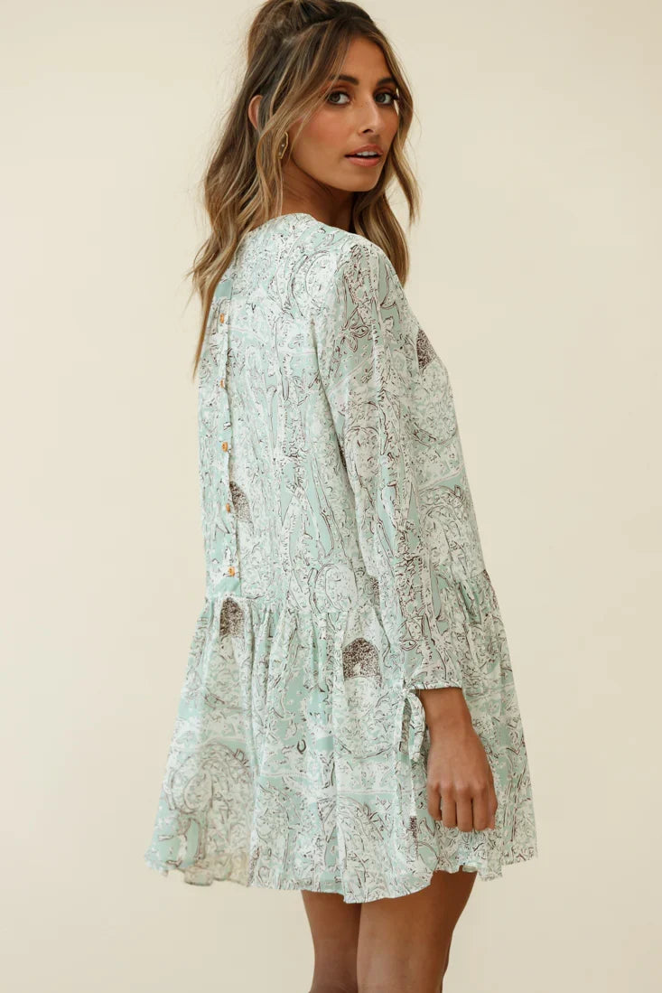 Mina Long Sleeve Button Back Shift Dress Ornate Print Green