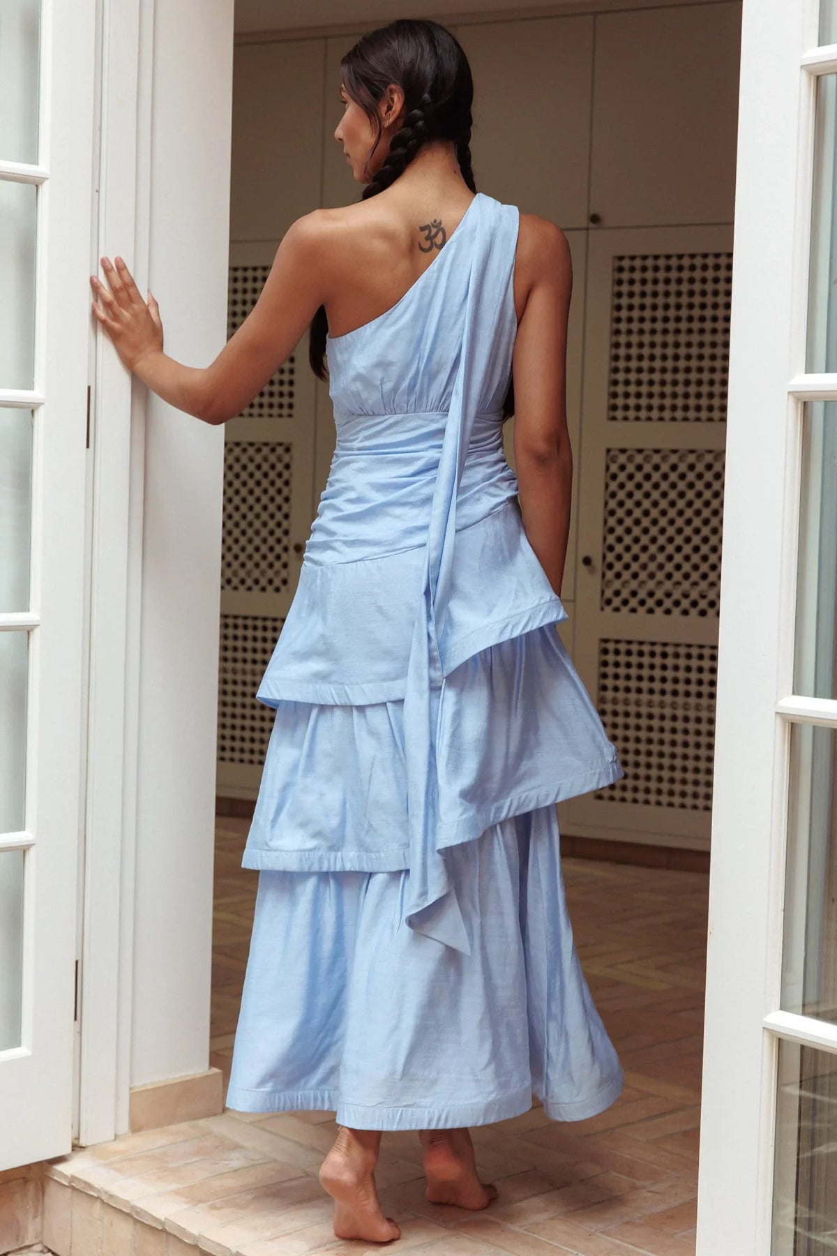 Kenny One Shoulder Tiered Maxi Dress Solid Blue